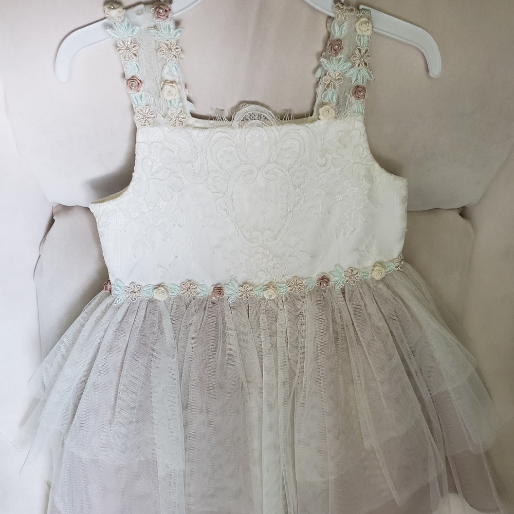 Rare Editions Cream Tan dress w/ floral sleeves